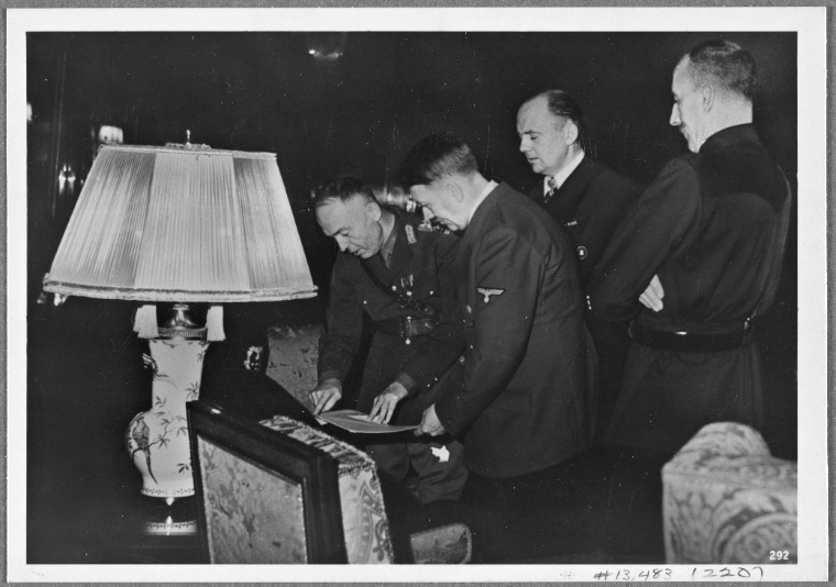 Adolf Hitler with Ion Antonescu and his interpreter, Paul Schmidt